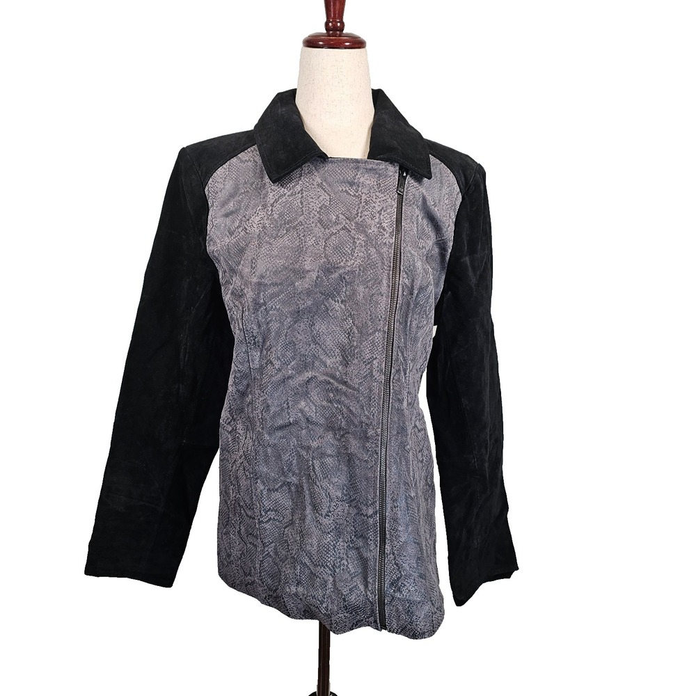 Dennis by Dennis Basso Snakeskin Print Black Gray Leather Moto Jacket Small